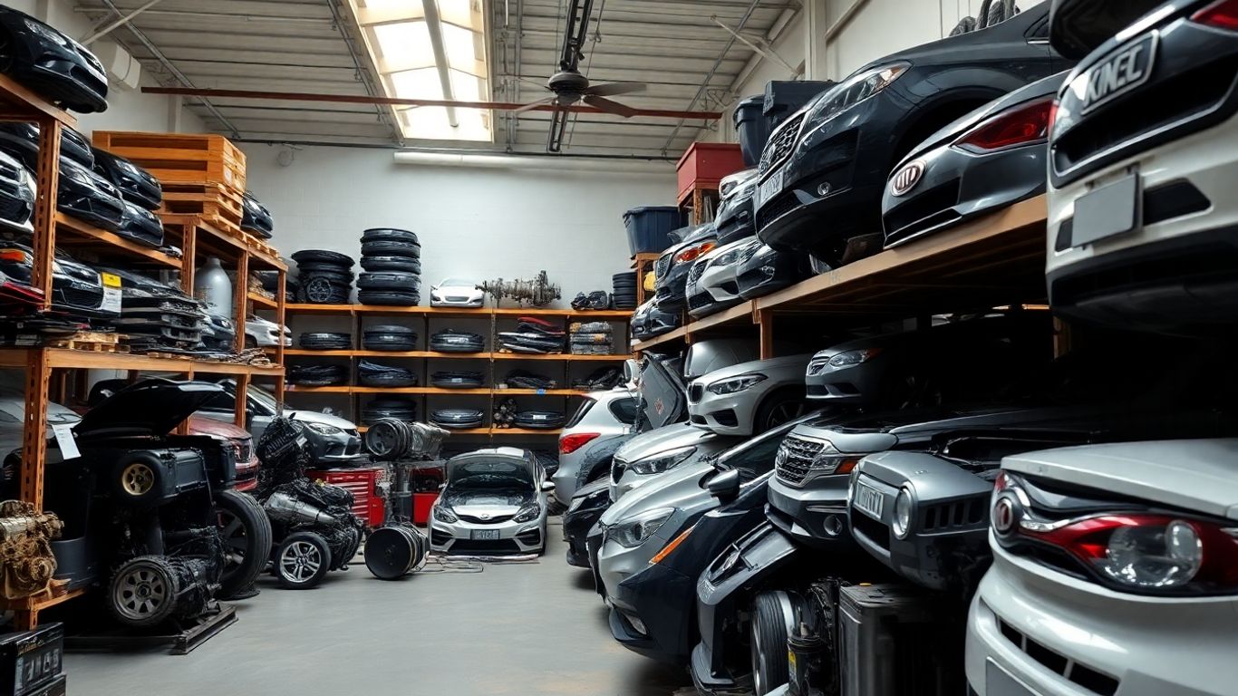Used Kia car parts in a workshop