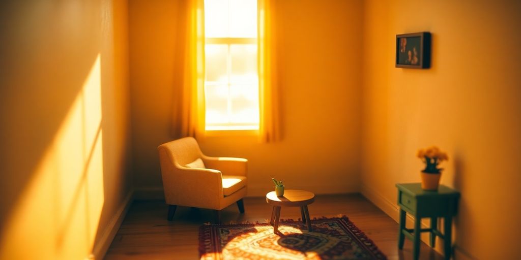 Brightly lit miniature living room.
