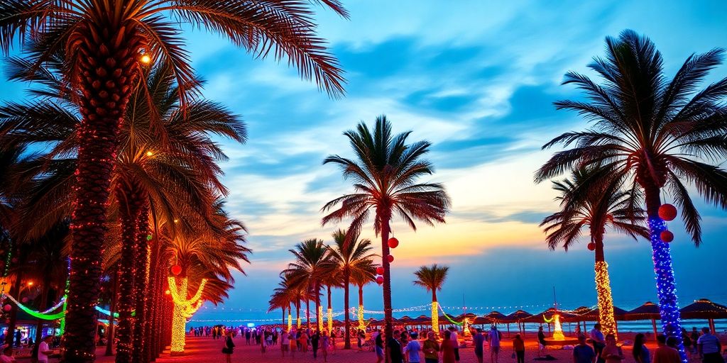 Festive beach party with twinkling lights and tropical decorations.