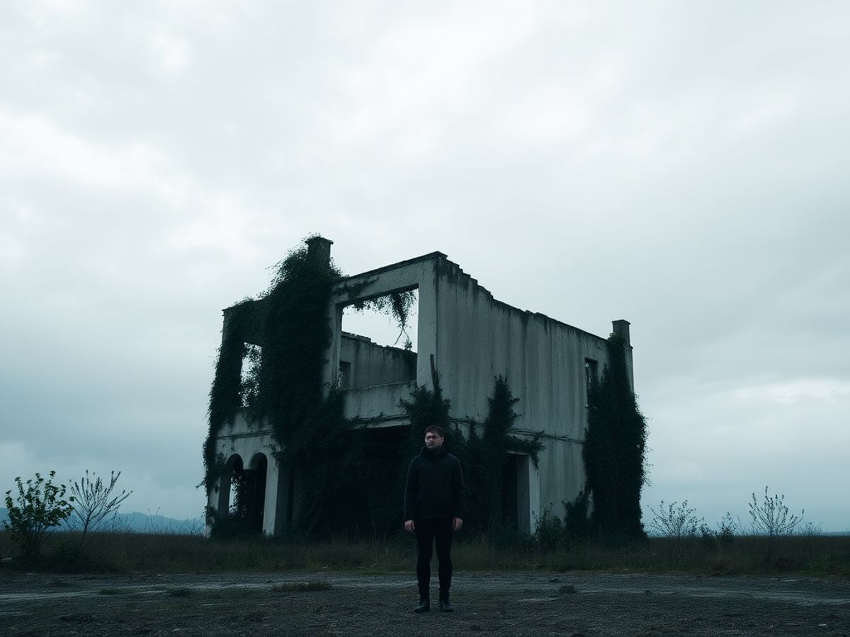 Dystopian landscape with a solitary figure in contemplation.