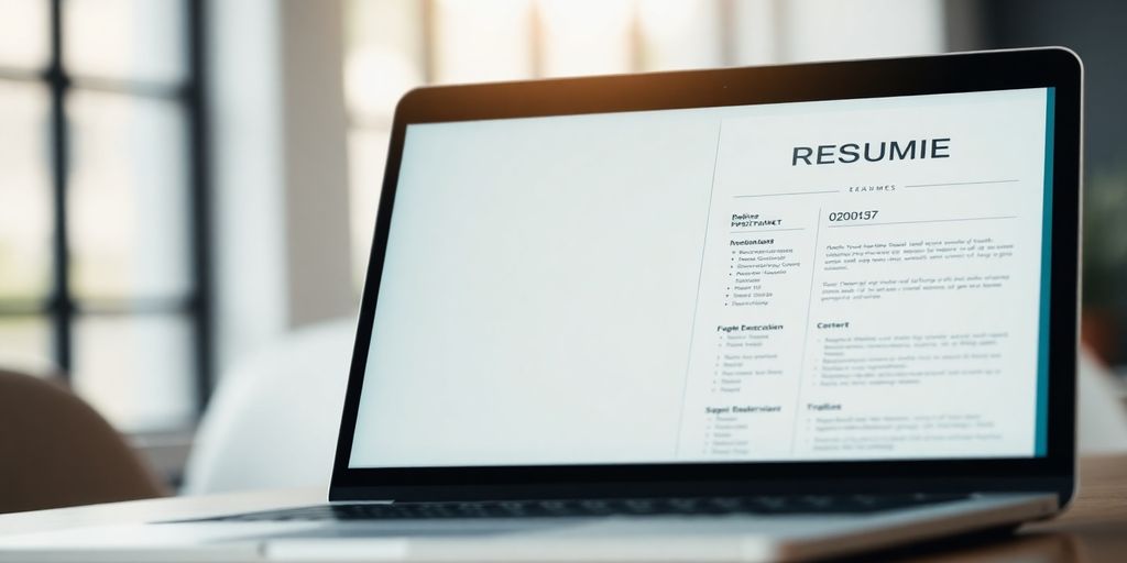 Laptop displaying a professional resume template, office background