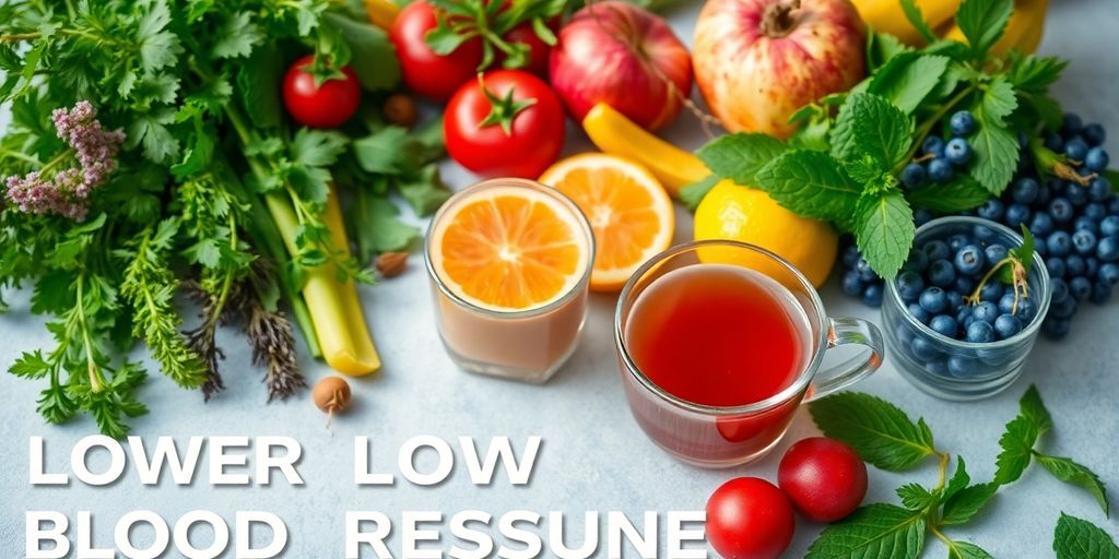 Herbal teas and healthy foods for lower blood pressure.