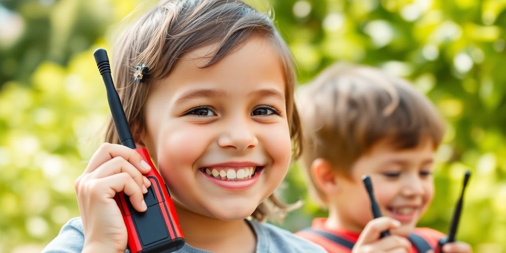 Twee lachende kinderen spelen met walkietalkies in de buitenlucht.