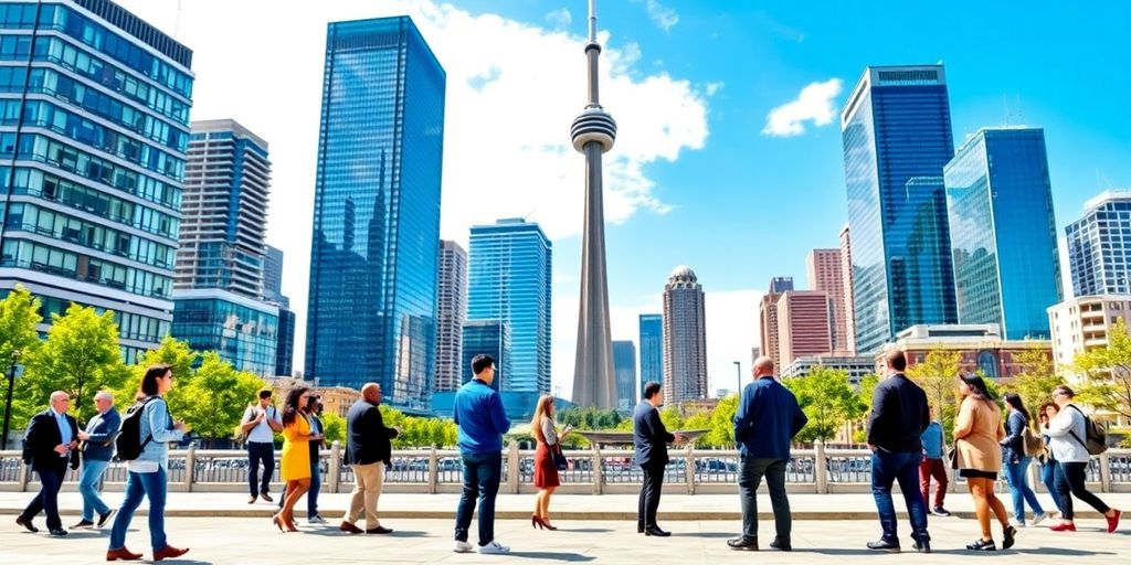 Toronto skyline with professionals discussing finance and innovation.