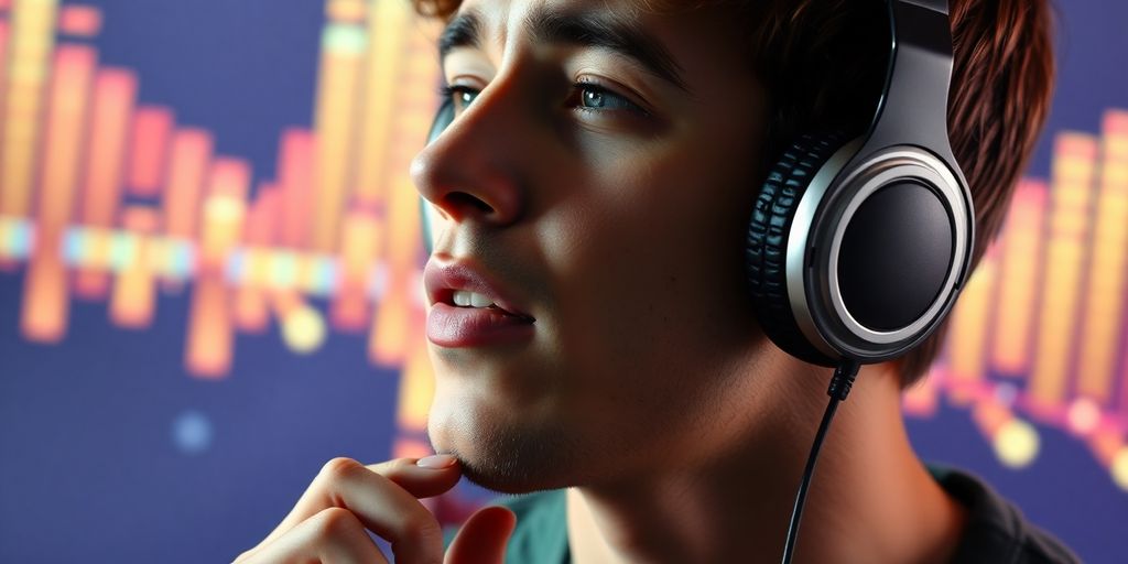 Person humming with headphones, immersed in music discovery.
