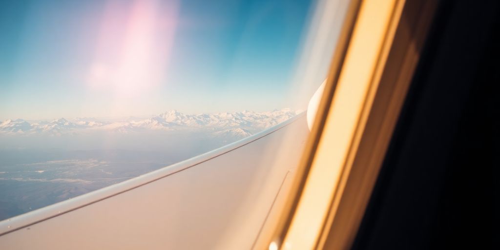Airline passenger looking at snowy mountains from window.