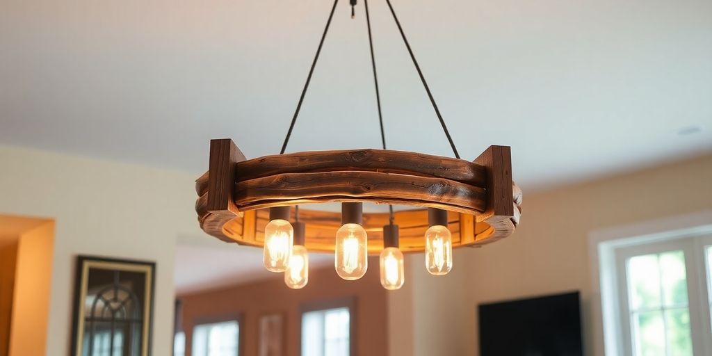 Rustic chandelier with modern elements in a cozy room.