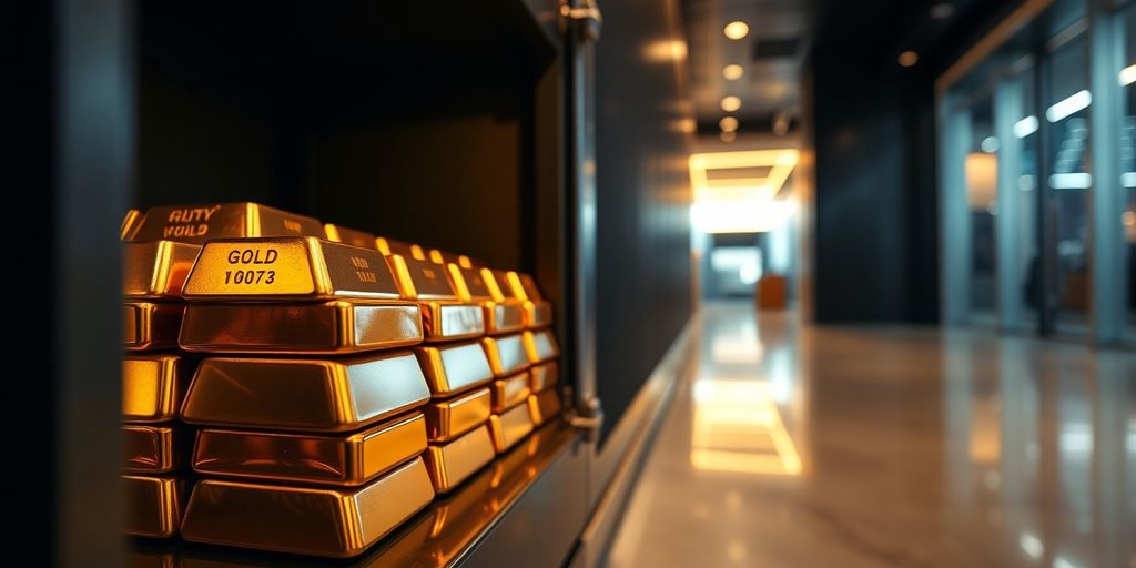 Des lingots d'or empilés dans un coffre-fort moderne.