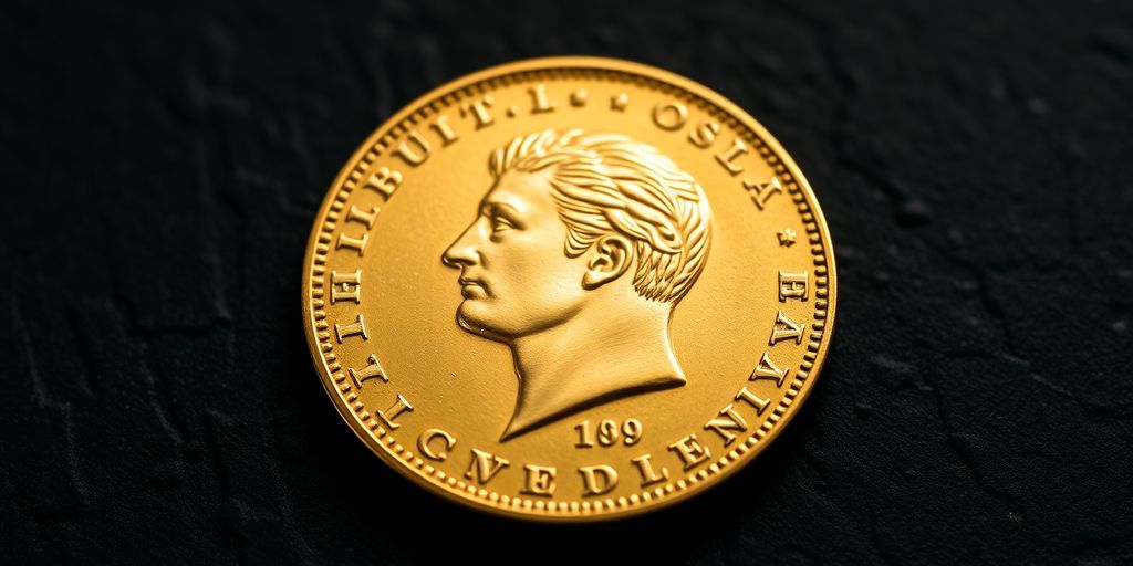 Pièce en or Napoléon sur fond sombre.