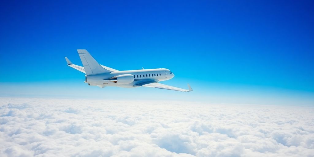Private jet flying through clouds in a blue sky.