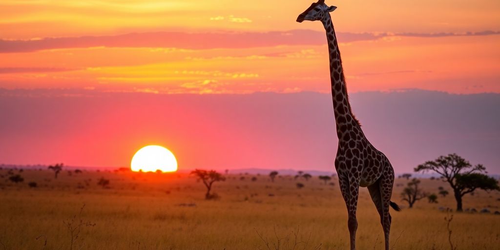 Giraffe in savanna with sunset