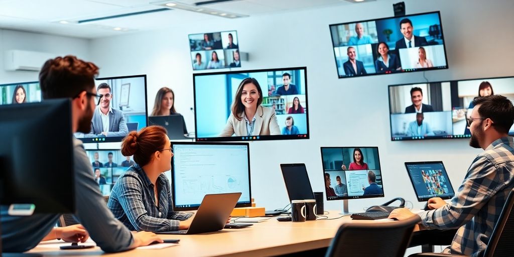 Diverse professionals collaborating online through virtual tools.