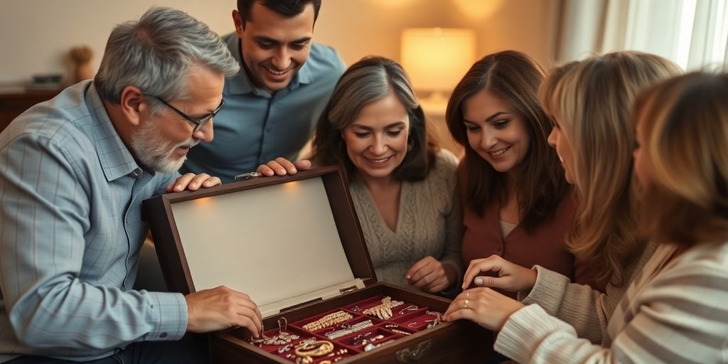 Famille autour d'une boîte à bijoux héritée.