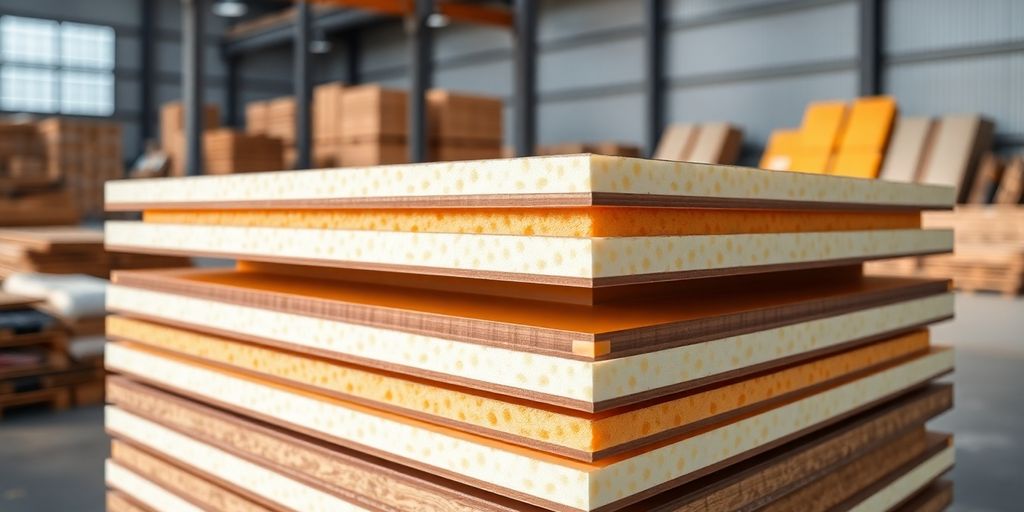Colorful PU sandwich panels in a warehouse setting.