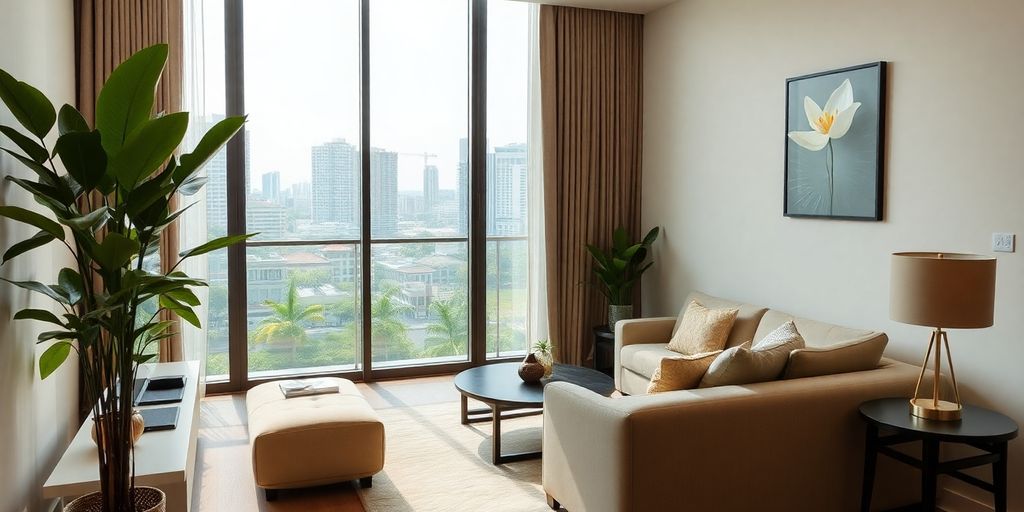 Modern apartment interior with city view and greenery.