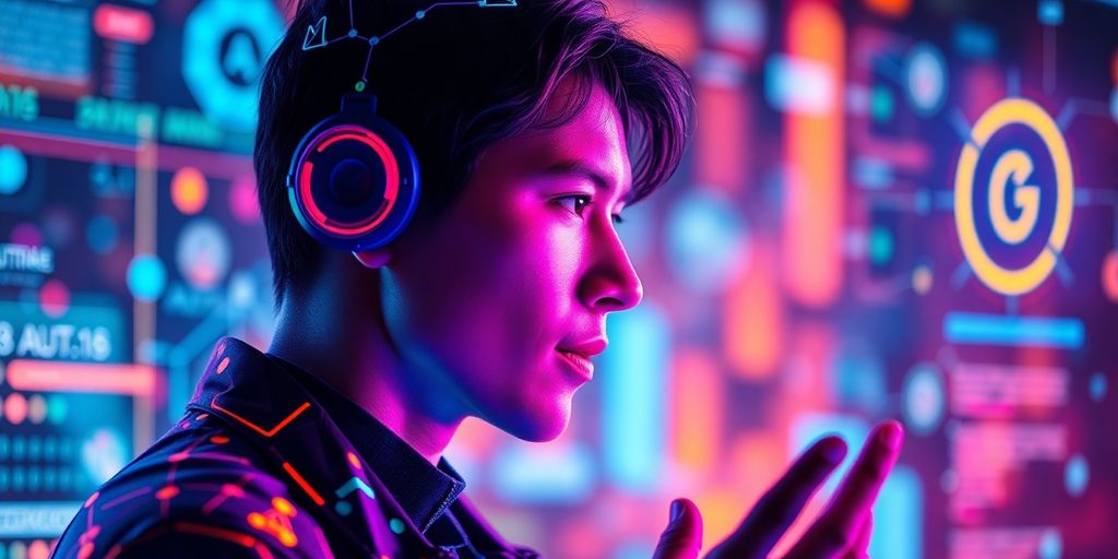 Person chatting with an AI interface in a vibrant setting.