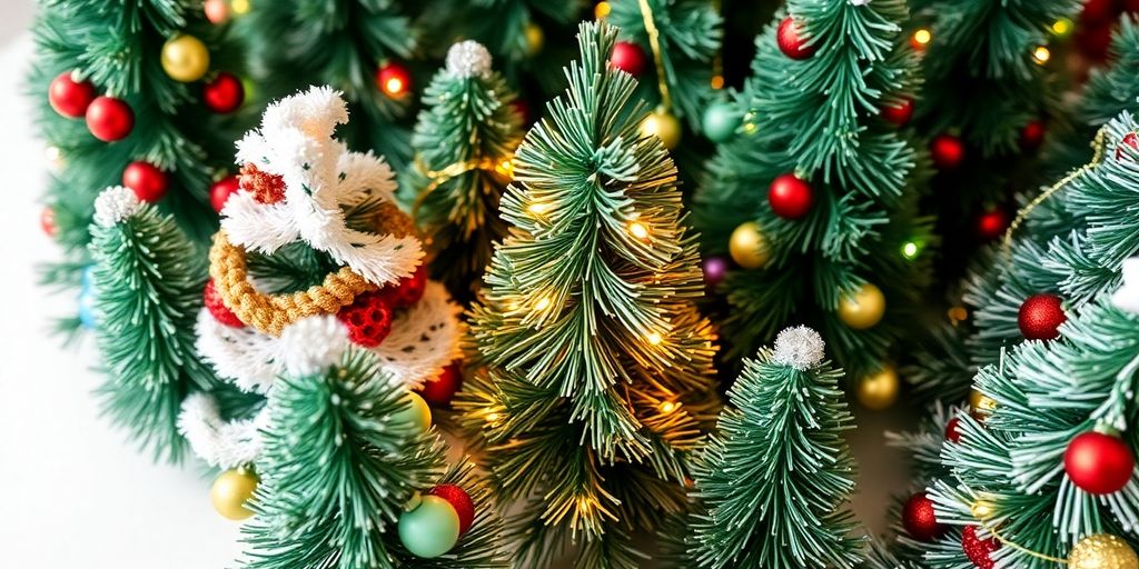 Cozy miniature Christmas trees with festive ornaments.