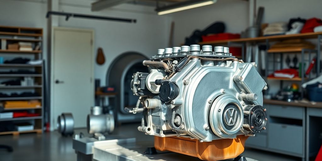 Disassembled Volkswagen engine parts arranged on a workbench.