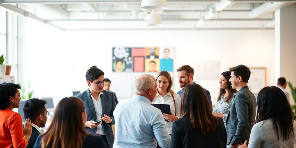 Team collaborating in a modern office space.