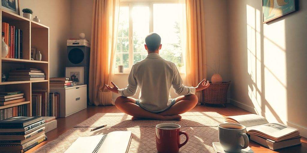 Person meditating in a serene morning environment.