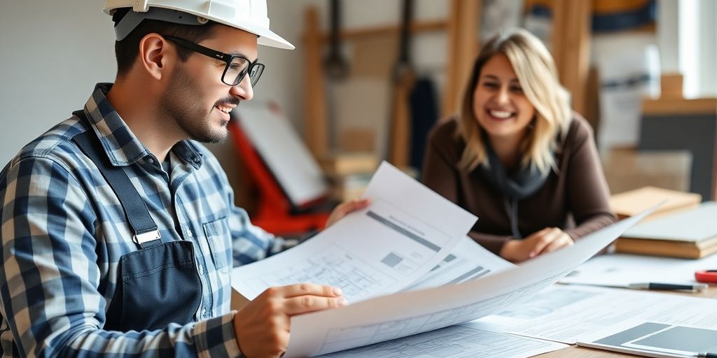 Contractor reviews detailed project proposal with homeowner.