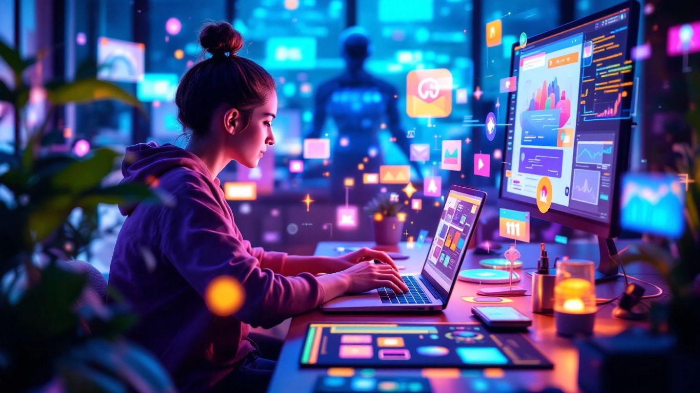 Person working on a laptop with colorful digital graphics.