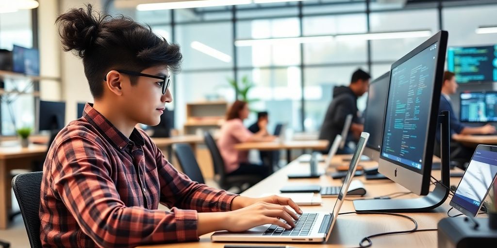Junger Student arbeitet am Laptop in einem modernen Büro.