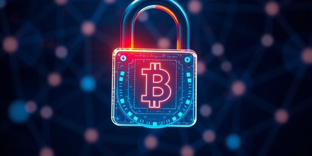 Futuristic digital lock with a glowing blockchain symbol.