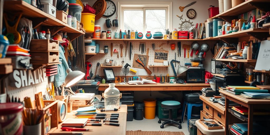 Colorful hobby supplies and tools in a bright workspace.