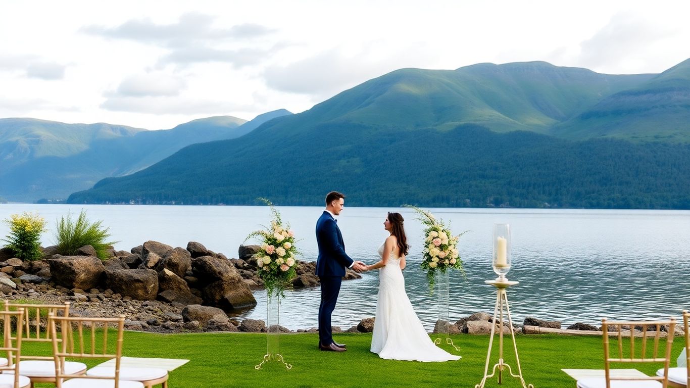Bride and groom by Loch Lomond with mountain backdrop.