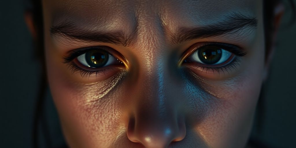 Close-up of a tear-streaked face reflecting deep emotion.