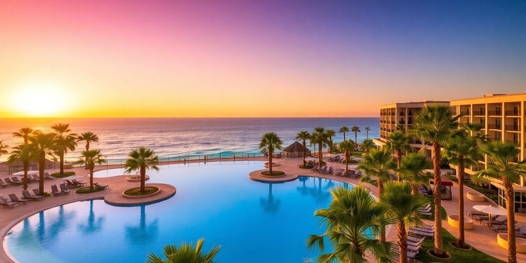 Adults-only resort pool with sunset and palm trees.