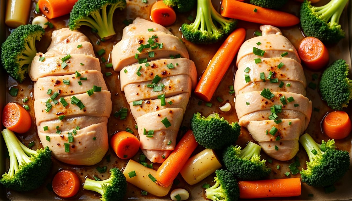 Healthy chicken sheet pan dinner with colorful vegetables.