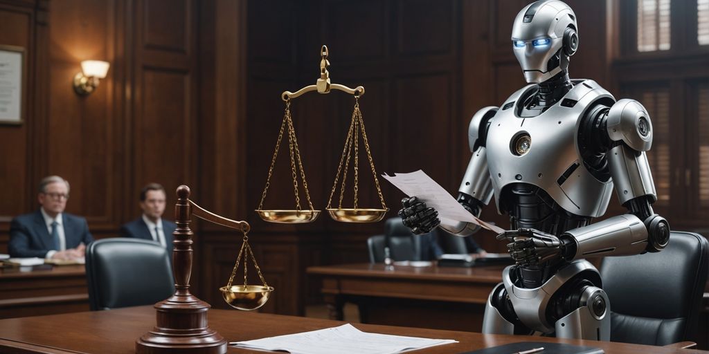 AI robot lawyer with scales and documents in courtroom