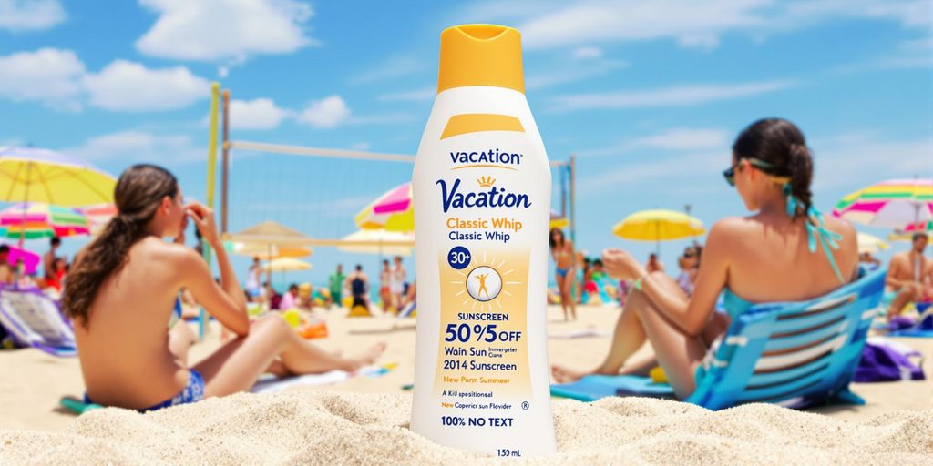 Beach scene with people applying Vacation Classic Whip Sunscreen.
