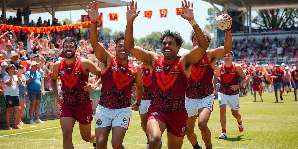 Indigenous AFL players celebrating on the field during an event.