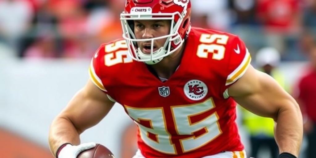 Travis Kelce in football uniform, action shot.