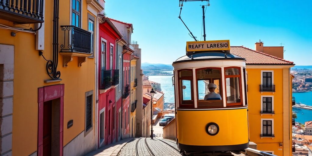 Historic tram on Lisbon hill looking towards Tagus river.