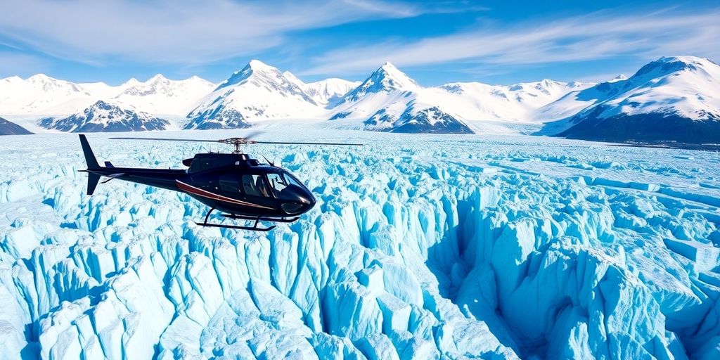 A helicopter flying over a vast, icy Alaskan glacier.