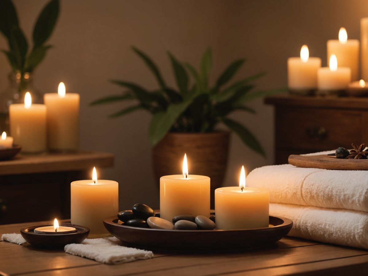 Spa setting with massage table and candles.