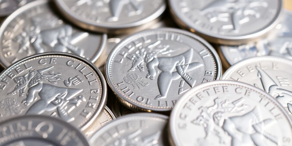Close-up of silver dollar coins arranged attractively.