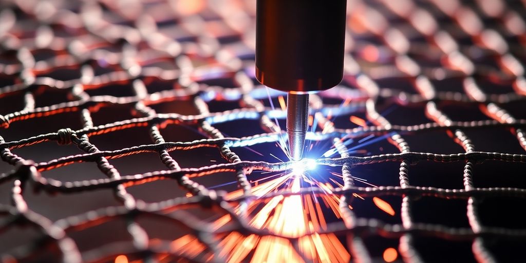 Close-up of multi-layer mesh welding process.