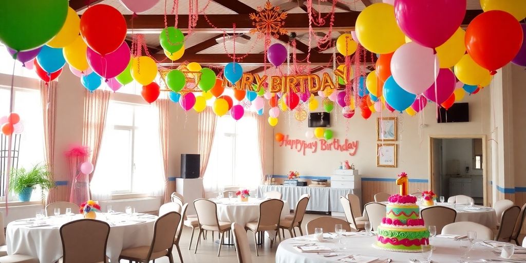 Brightly decorated birthday party hall with festive decor.