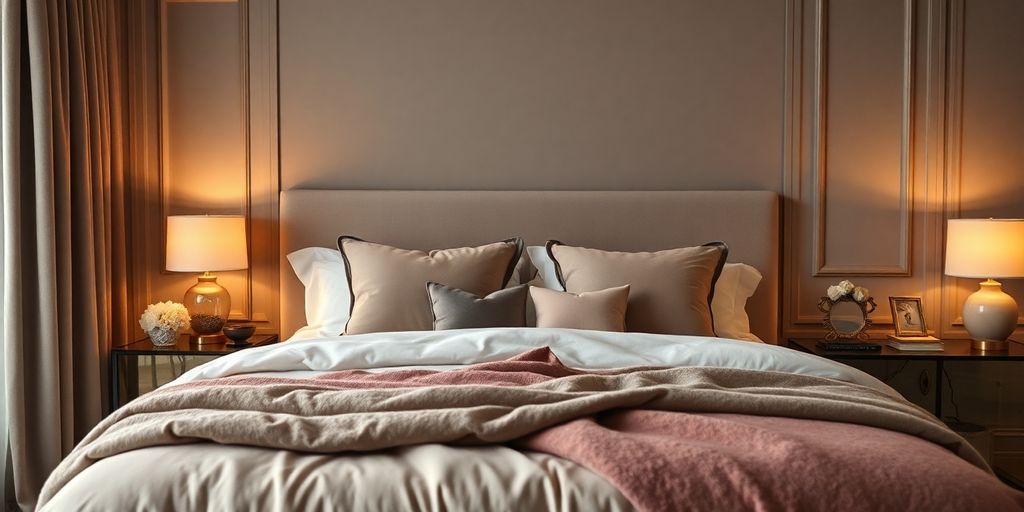 Elegant bedroom, soft lighting, plush textures, serene atmosphere.