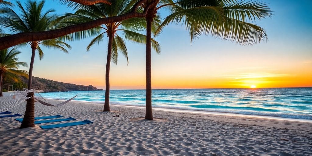 Retiro de playa tranquilo en San Cabos, México con palmeras.