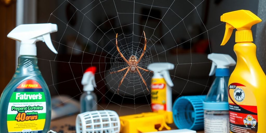 Paianjen intr-o panza, cu un spray de dezinsectie.