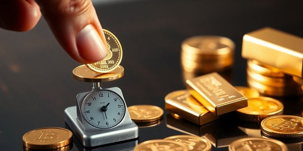 Main posant une pièce d'or sur une balance, avec d'autres pièces.