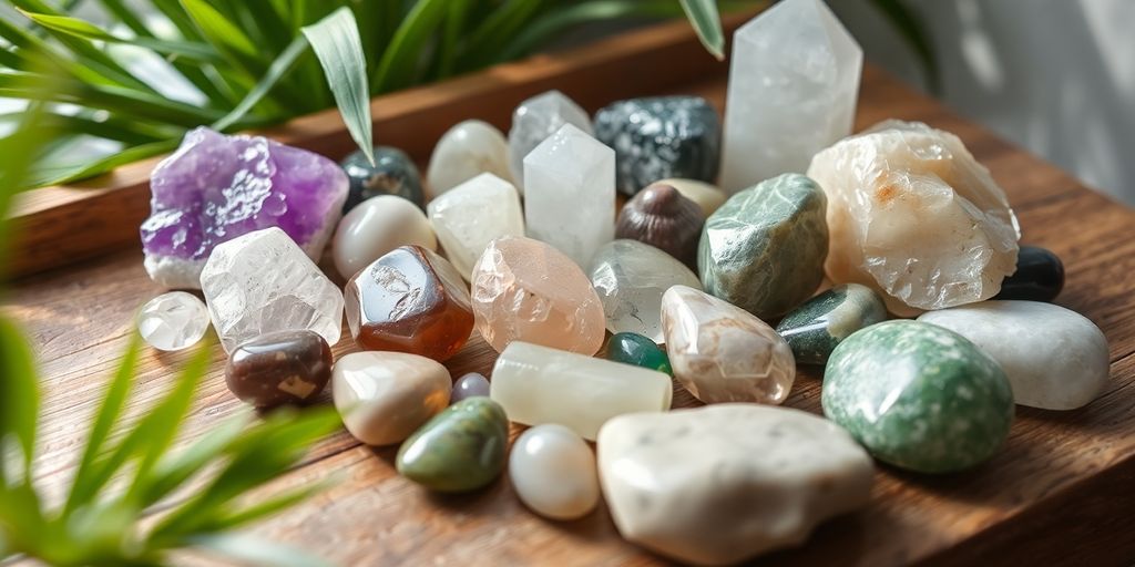 Disposizione di cristalli e pietre su una superficie di legno.