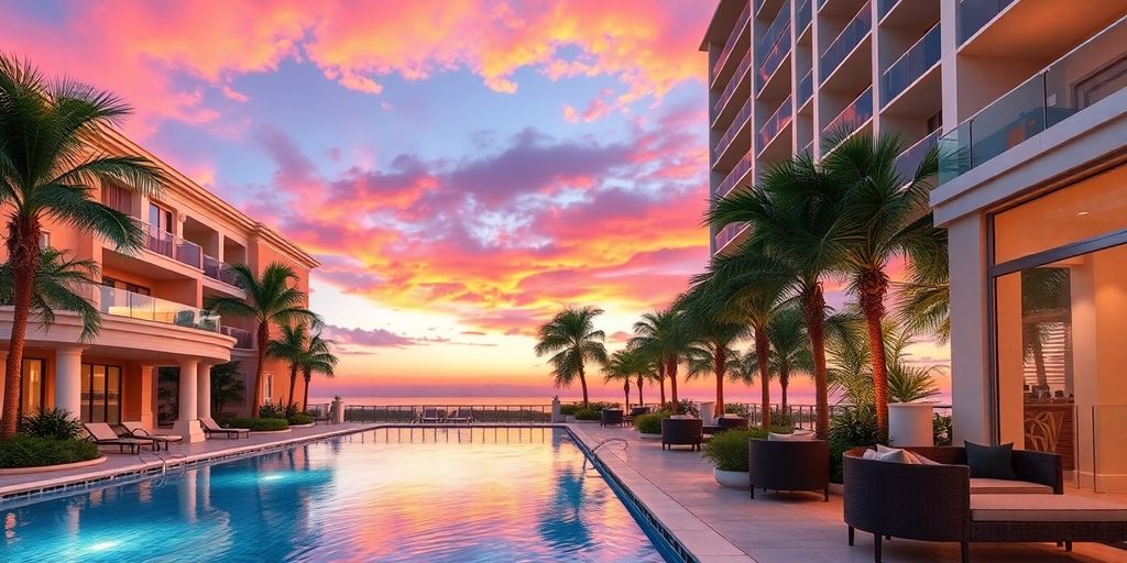 Luxurious Boca Raton condo with elegant architecture and sunset.