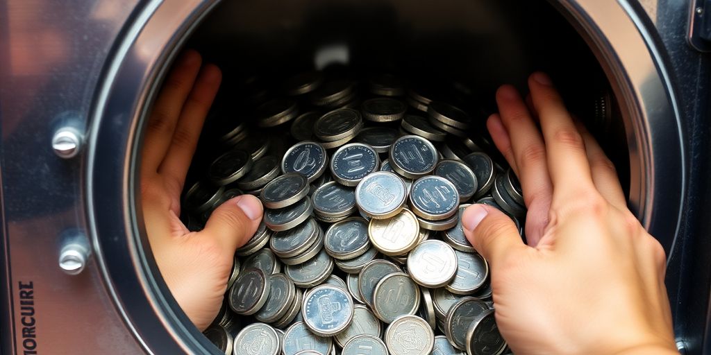 Pièces d'argent brillantes, coffre-fort sécurisé, mains humaines